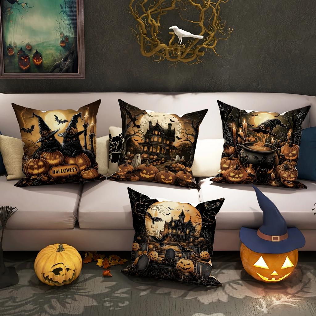 Spooky Halloween Pillow Covers: Witches, Pumpkins, And Haunted Mansions Sofa Cushion Cover Holiday Party Decoration Gift