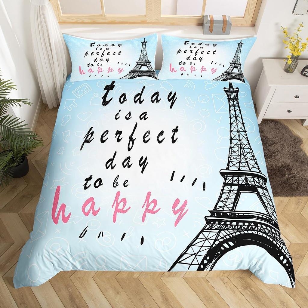 Eiffelturm Bettbezug Twin King Rustikales Bauernhaus Ahornblätter Bettdeckenbezug Mikrofaser Romantisches Thema Bettwäsche-Set 2/3-teilig