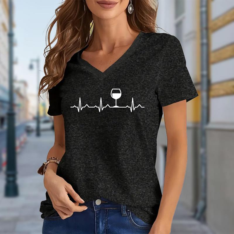 

Fashion Heartbeat Painting Blouses Short Sleeved V-Neck T Shirts Casual XS чорний