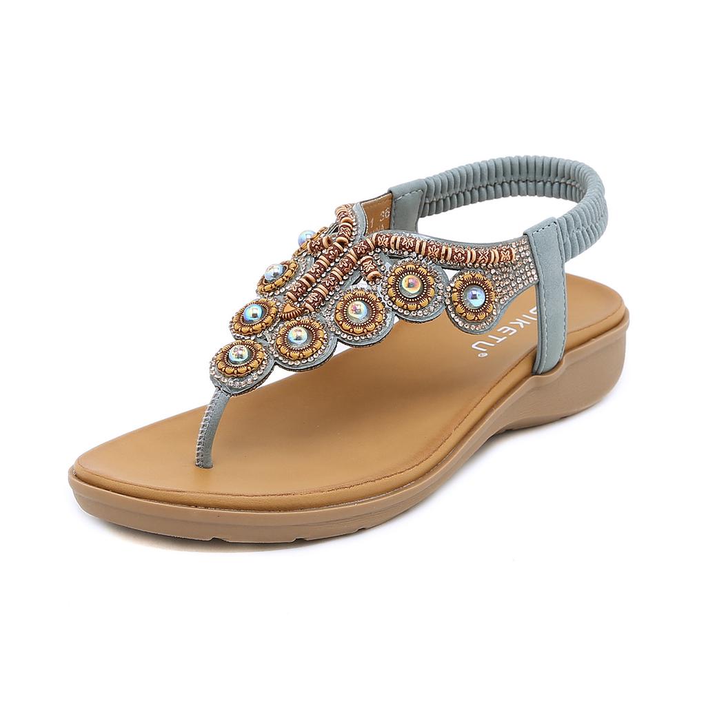 2024 Summer New Bohemian Style Pinch Foot Beaded Rhinestone Buckle Elastic Heel Rubber Band Women's Shoes SKT
