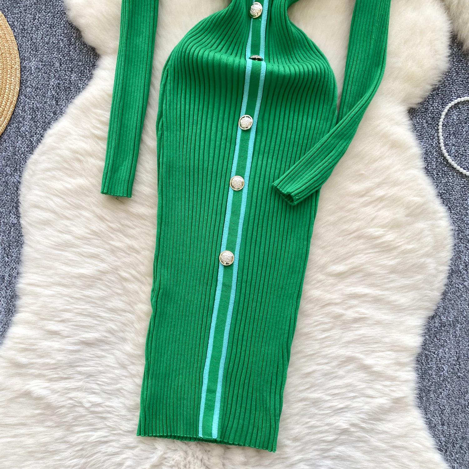 Осень-зима женские трикотажные платья 2024 винтажное лоскутное полосатое длинное — фото 9