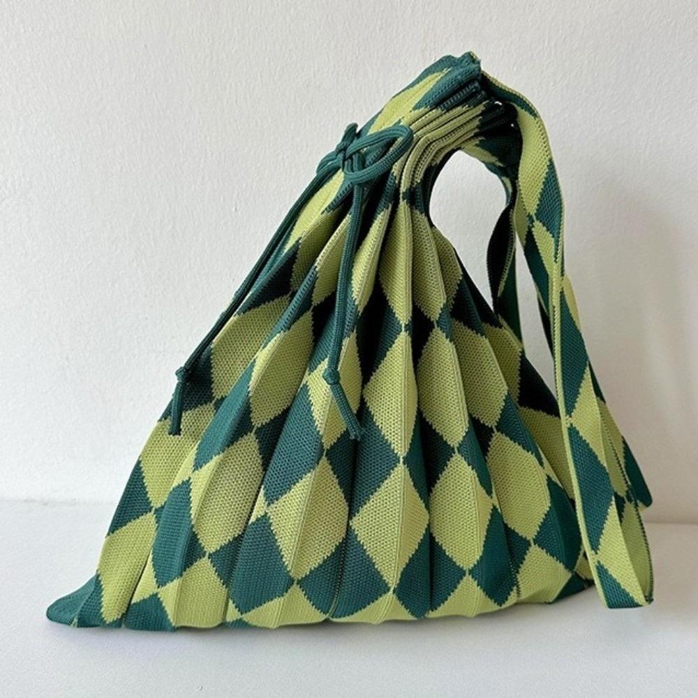 Accordion Style Knitted Shoulder Bag Rope Drawstring Diamond Grid Foldable Handbag Heart Lantern Weave Reusable Eco