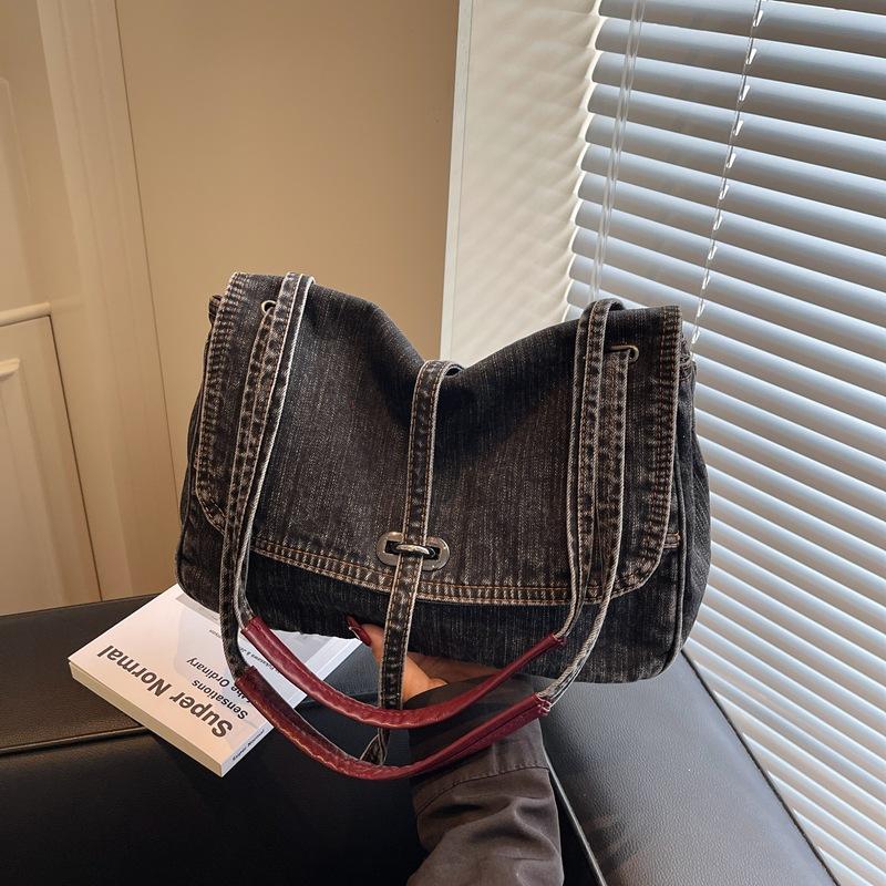 

Нишевая ретро сумка-тоут для通勤, женская летняя новая модная джинсовая повседневная на плечо, сумка-мессенджер чёрный