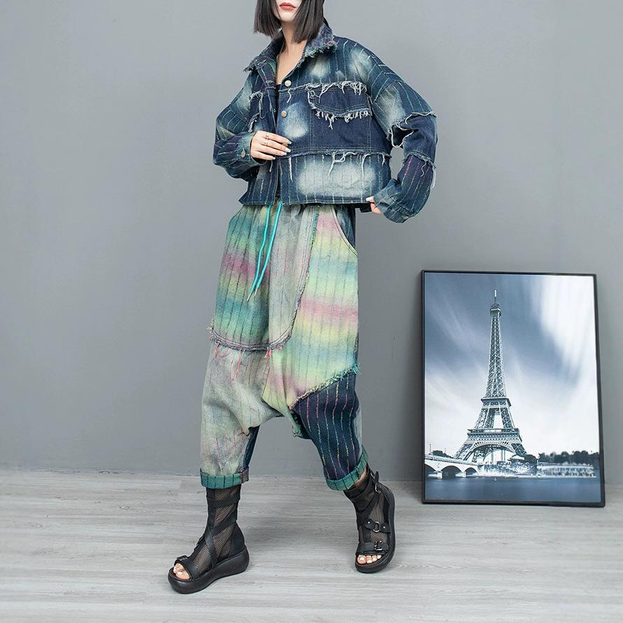 Do Old Color Strips Denim Lapel Collar Long-sleeved Short Jacket Large Crotch Pants Two-piece Set Women's Spring and Autumn Fashion Suit European Good