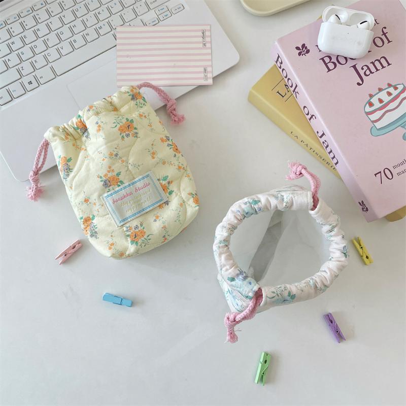 Ins Style Floral Storage Bag Drawstring Drawstring Pocket Soft Cotton Anti Fall Cosmetic Bag Sundry Storage Camera Bag