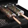 Rolling BBQ Grill Basket Set 304 Stainless Steel Cylinder Grill Mesh Cage with Wooden Handle Stand Hooks Forks