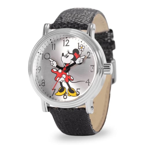 Disney Minnie Mouse Adult Vintage Articulating Hands Analog Quartz Watch, Black, Black Strap