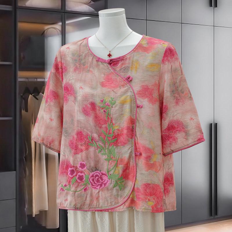 2026 Stylish Embroidered Chiffon Top for Middle-Aged Women - Chinese Style Summer Short-Sleeve T-Shirt