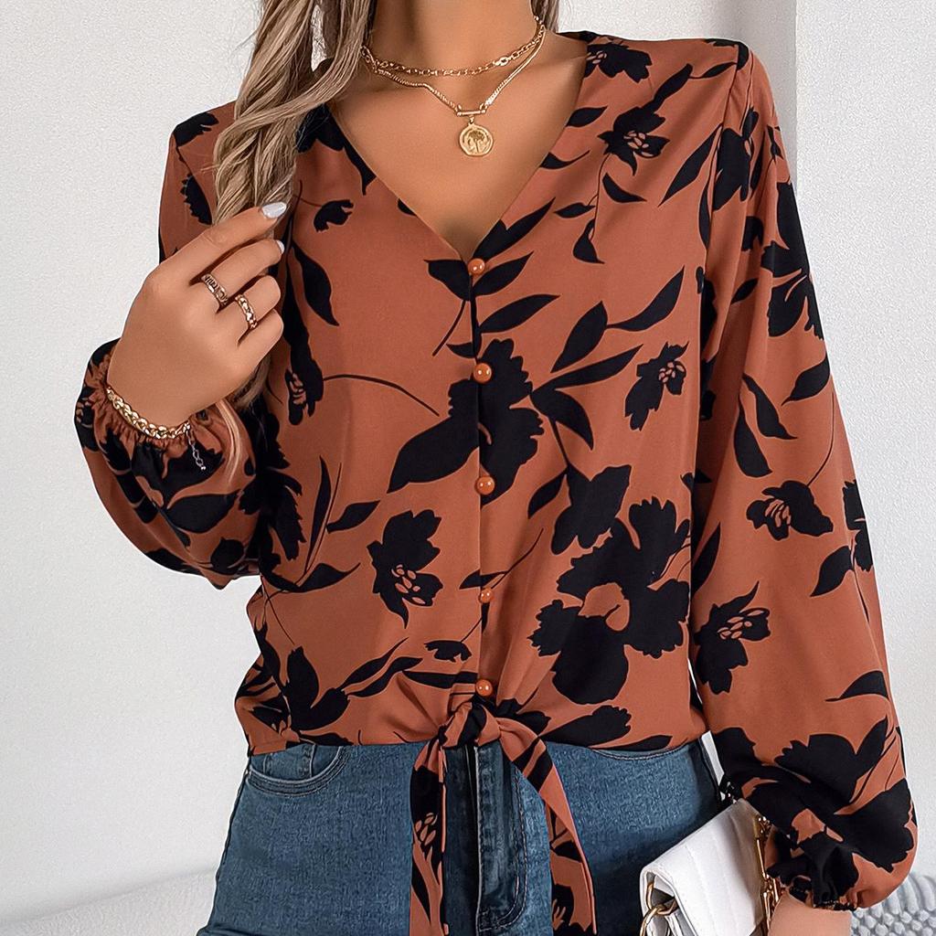 Frauen Frühling Herbst Temperament Print V-Ausschnitt Langarm Shirt Blusen
