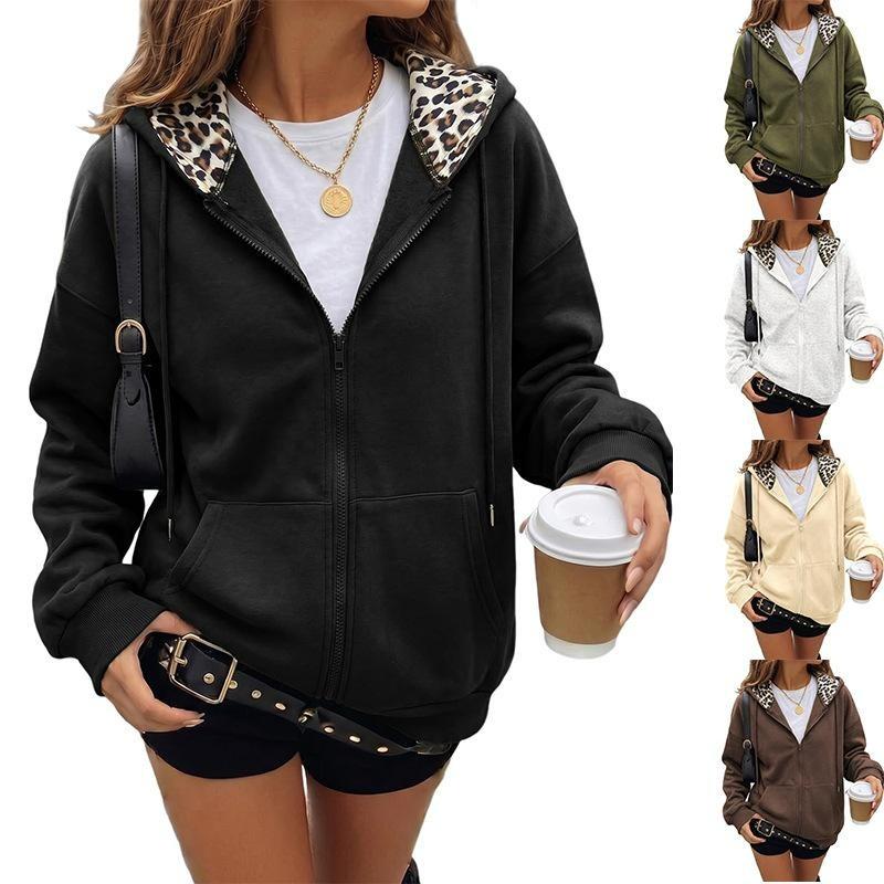 Damen Leopard Print Reißverschluss Hoodie Langarm Fleecegefüttert Lässige Sweatshirtjacke
