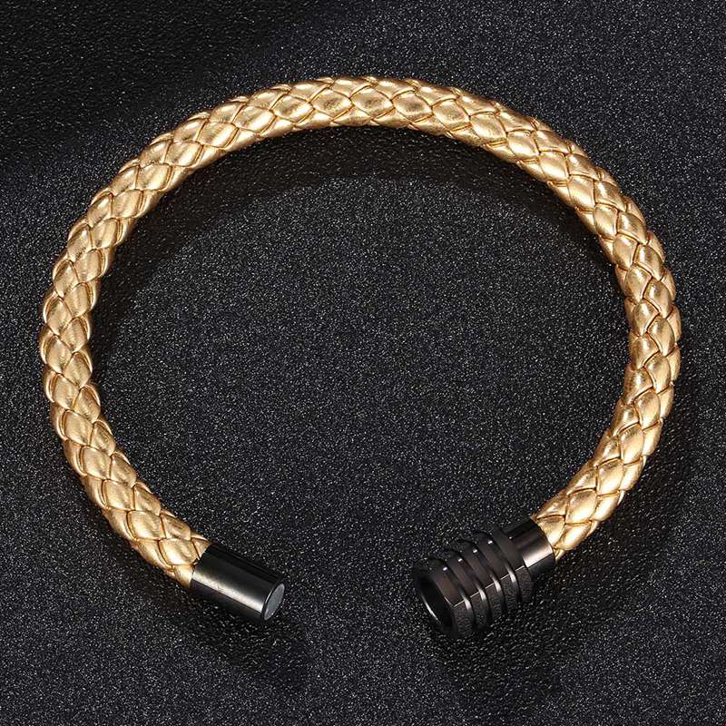 Luxury Round Combination Men's Stainless Steel Clasp Leather Bracelet Jewelry Gift