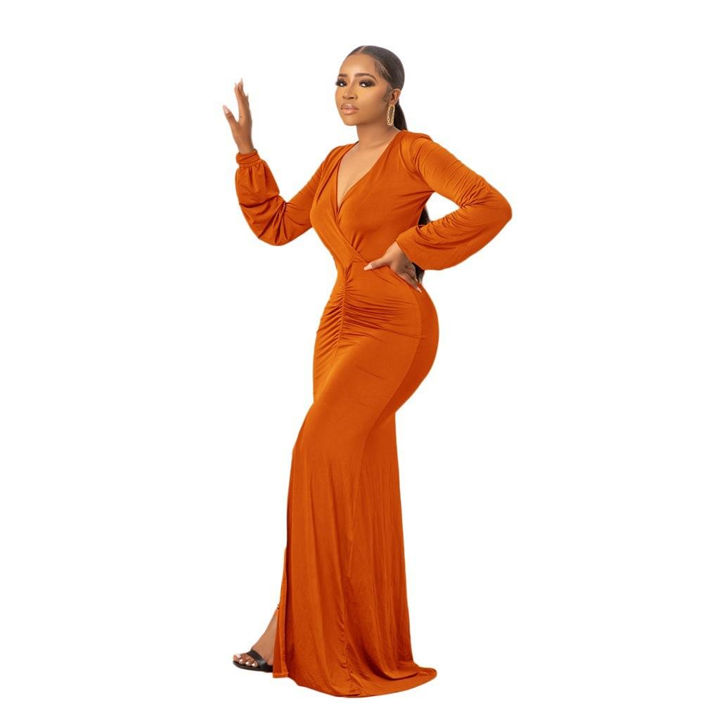 Women's V Neck Long Lantern Sleeve Maxi Dress Solid Color Ruched Bodycon Side Slit Floor Length Formal Evening Party Casual Gown