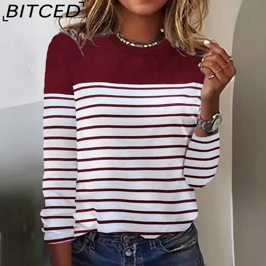 

BITCED Autumn/Winter Long-Sleeved Striped Two-Tone Printed Patchwork O-Neck T-Shirt XXXXXL
