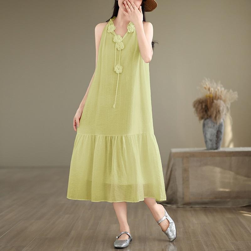 

Ремень без рукавов размера плюс, хлопковое винтажное новое платье с цветочным принтом для женщин, повседневное свободное длинное летнее платье L жёлтый