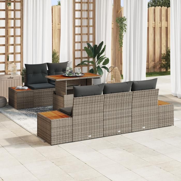VidaXL Ensemble repas jardin 6 pièces avec coussins Gris Poly Rotin Acacia 3350026