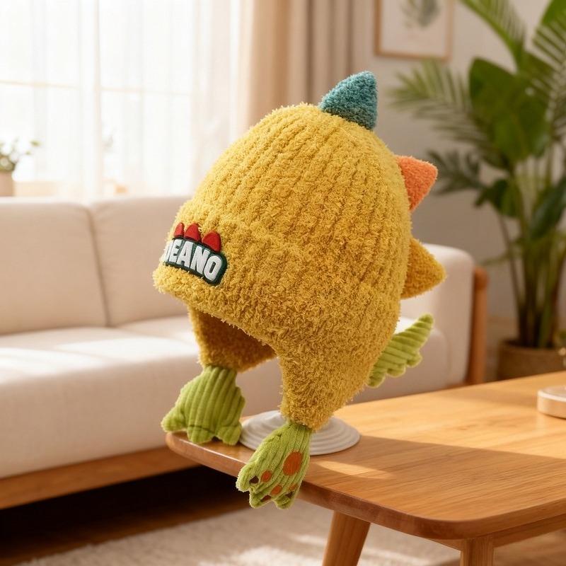 

Children s Ear-Warming Winter Hat Outdoor Dome-Shaped Cartoon Design Windproof & Warm Knit Beanie for Boys and Girls жовтий