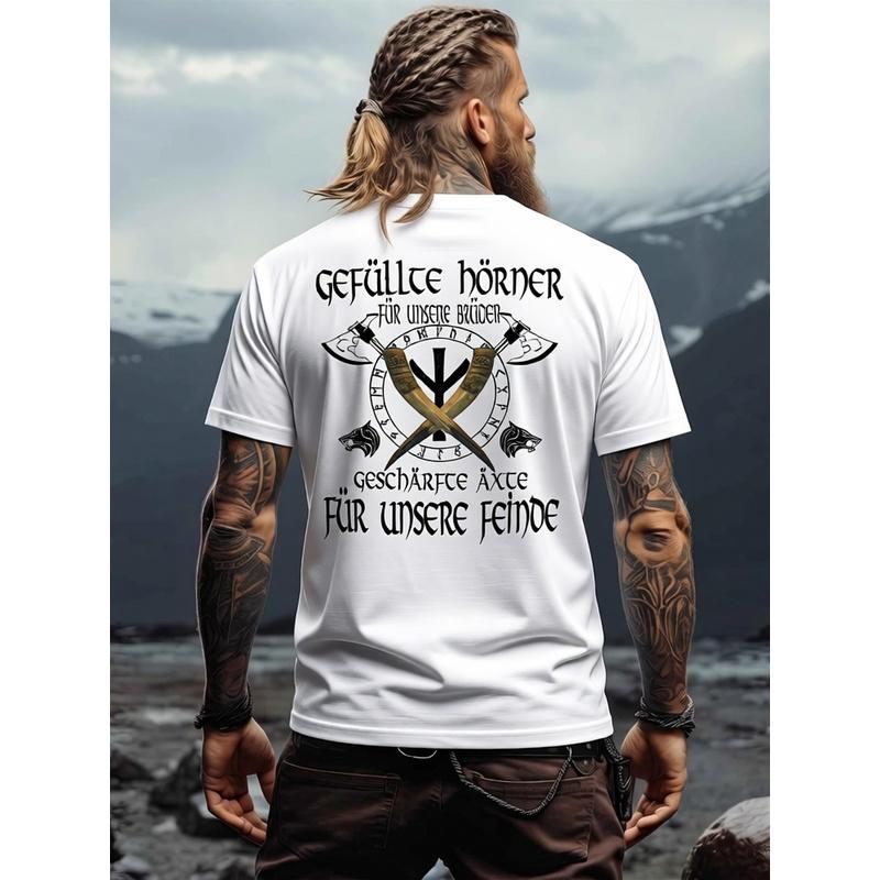 Viking Brotherhood Tee | Nordic Viking Apparel Featuring Stuffed Horns And Sharp Axes, Crew Neck, Slightly Stretchy Material, Fit, Casual Design,