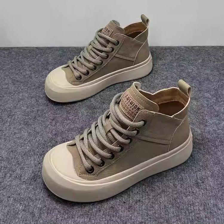 Leather Ugly Cute Big Head High-top Shoes Women's 2025 Spring New Retro Soft-soled Women's Shoes Versatile Sports and Leisure Board Shoes