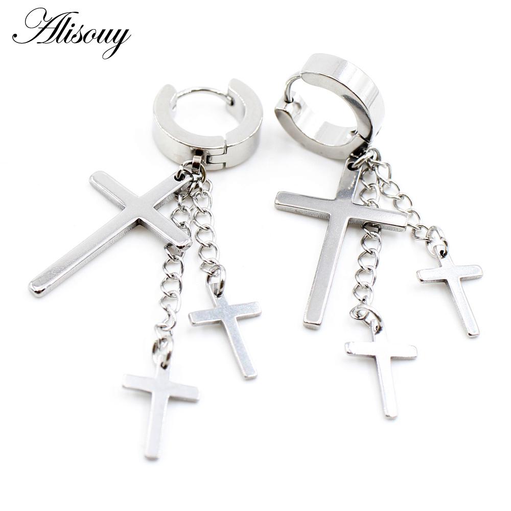 Alisouy 2PCS Stainless Steel Star Cross Snake Spike Skull Sword Blade Chain Feather Spider Dangle Women Men Huggie Hoop Earrings