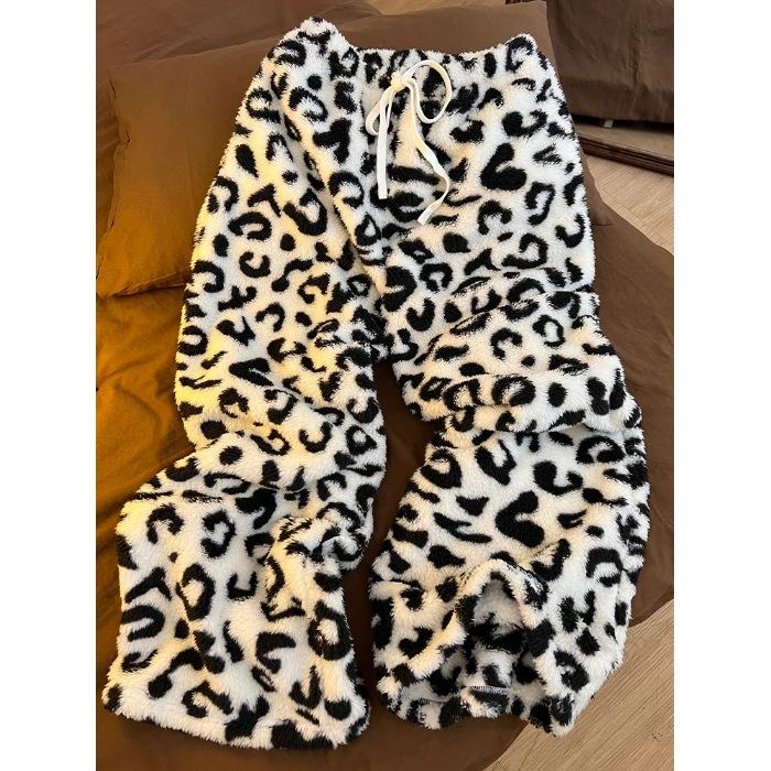 

Women s Retro Leopard Print Fleece Pants - Double-Sided, Casual, High-Waisted, Loose, and Warm Double Extra Large белый