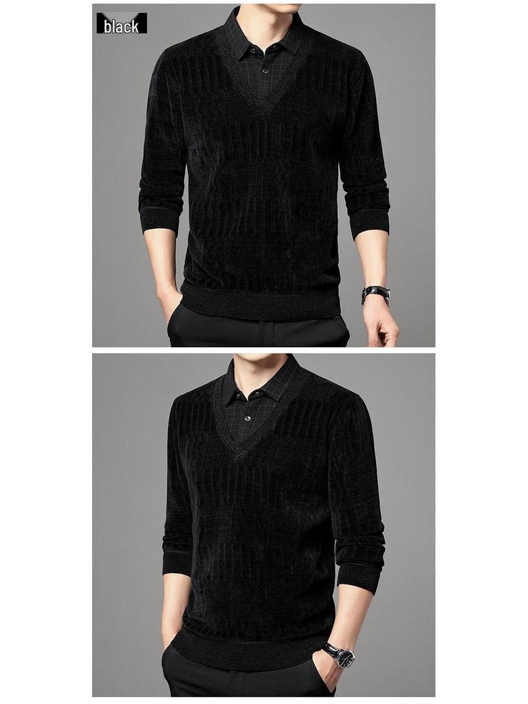 Woodpecker Men's Fleece-Lined Two-Piece Chenille Sweater with Shirt Collar