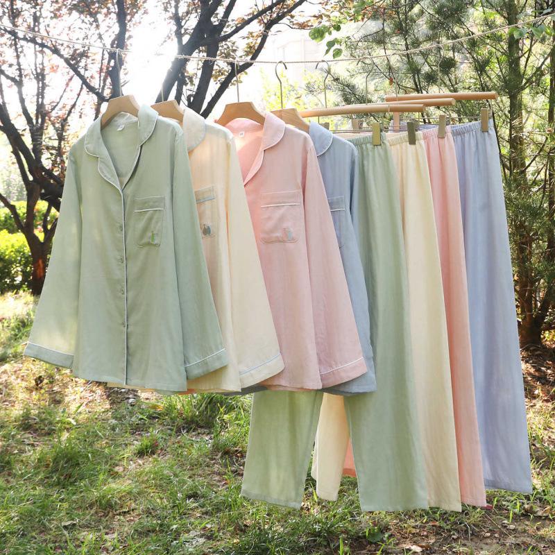Women's Pure Cotton Gauze Pajamas - Long Sleeve, Double Layer, Thin, Casual Cardigan, Solid Color, Spring & Autumn Home Wear