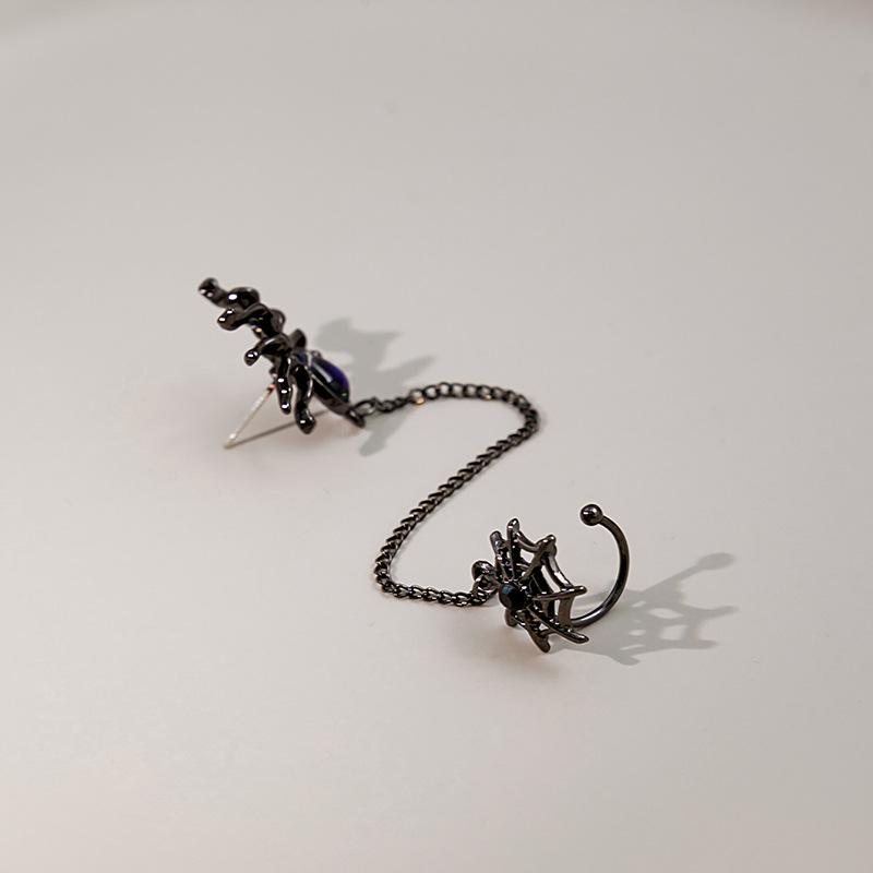 Dark Spider Ear Cuff: Metal Chain, Moonstone Water Drop & Web Design