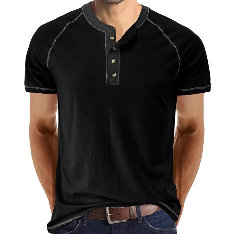 Новая летняя футболка мужская модная белая футболка с воротником хенли с коротким рукавом повседневные тонкие топы однотонные футболки для мужчин S чёрный 2664₽