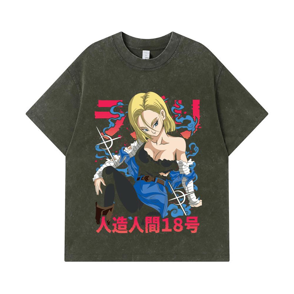 

275 GSM Washed T-shirts 100% Cotton Dragon Ball V24 Android Print Unisex Heavy Cotton T Shirt S армия зеленый