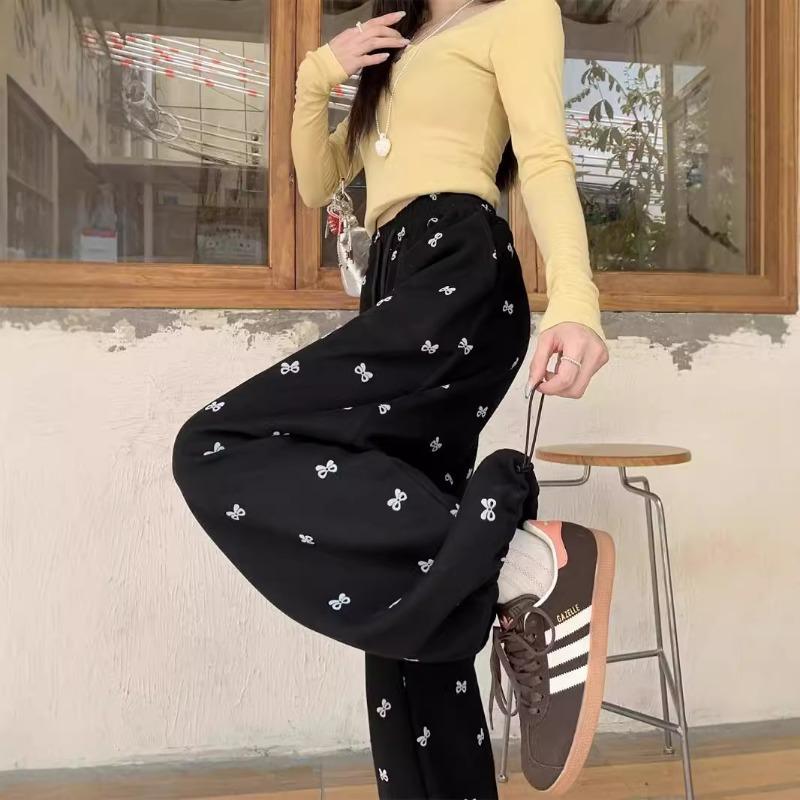 Bow-printed sweatpants women's spring and autumn new loose and thin corset sweatpants high-waisted casual wide-leg pants