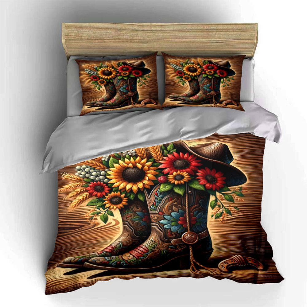 Western Boots with Sunflowers Bedding Duvet Cover Set  (1*Duvet Cover 2*Pillowcases, without duvet insert)