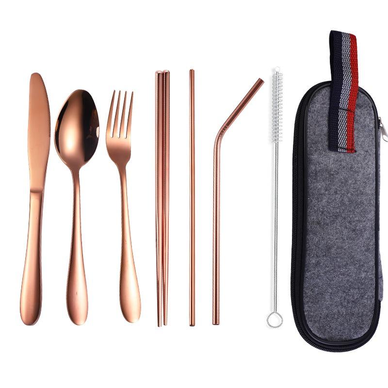 8Pcs Stainless Steel Straw Set Outdoor Western-style Knife, Fork, Spoon and Chopsticks Portable Cutlery Bag