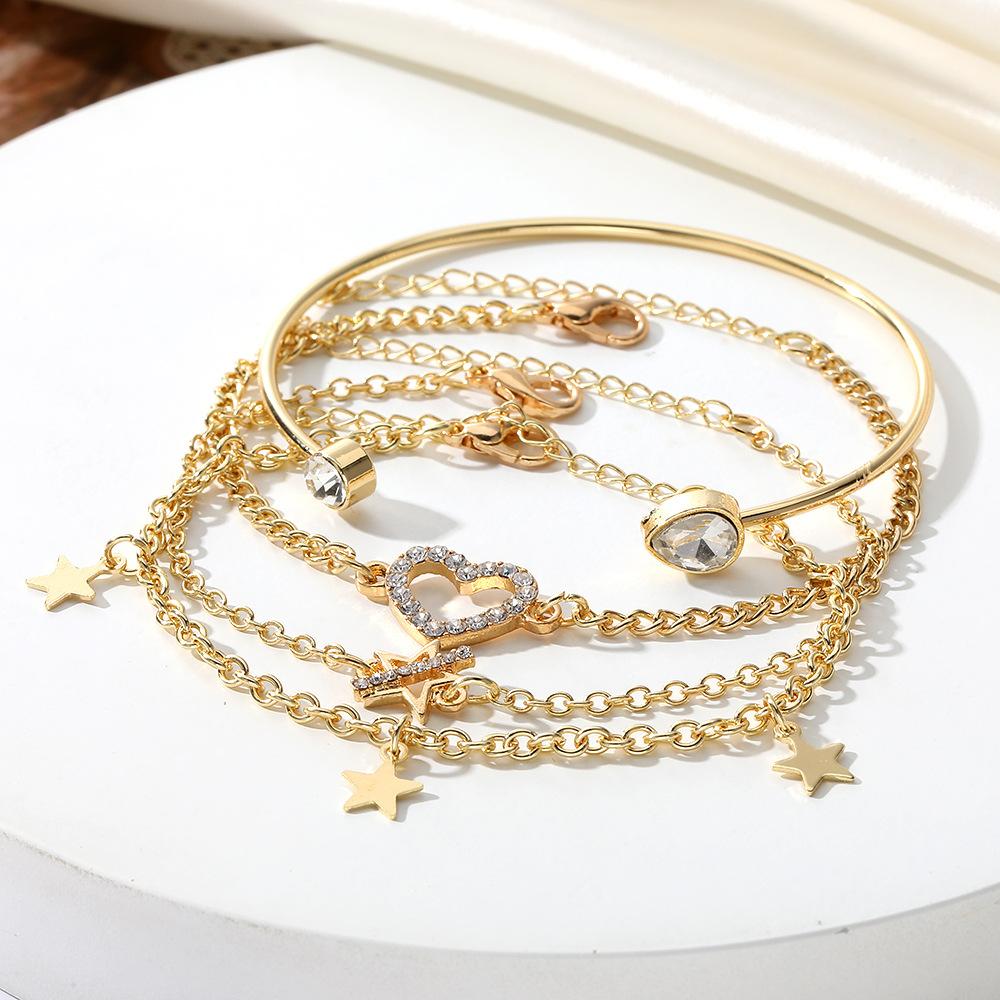 Womens Star Love Heart Rhinestone Bracelet Set