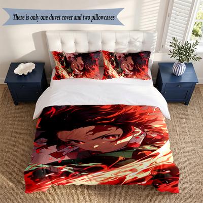 Demon Slayer 3‑Piece Bedding Set Soft Microfiber Duvet Cover Pillowcases Comfortable Bed Linen for Bedroom Decoration