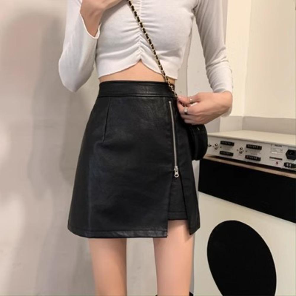 Women's High Waist A‑Line Mini Skirt Irregular PU Mini Skirt Side Zipper Casual Bottoms