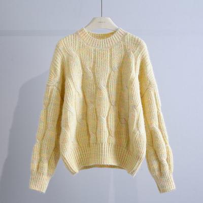 Women's Round Neck Twist Sweater Autumn and Winter Loose Pullover Knit Sweater Sweet Casual Knit Top Outwear