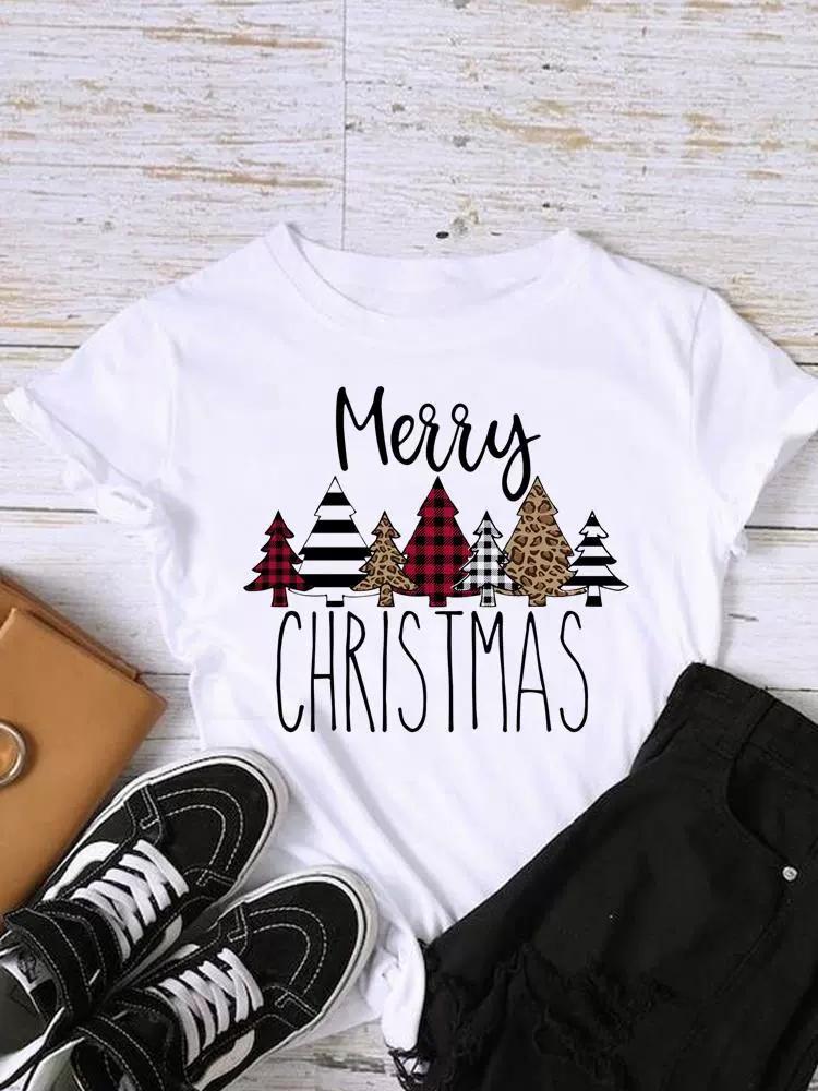 Christmas Womens Round Neck Short Sleeved Christmas Tree Reindeer Print Womens Loose Oversized Comfortable White Tshirt
