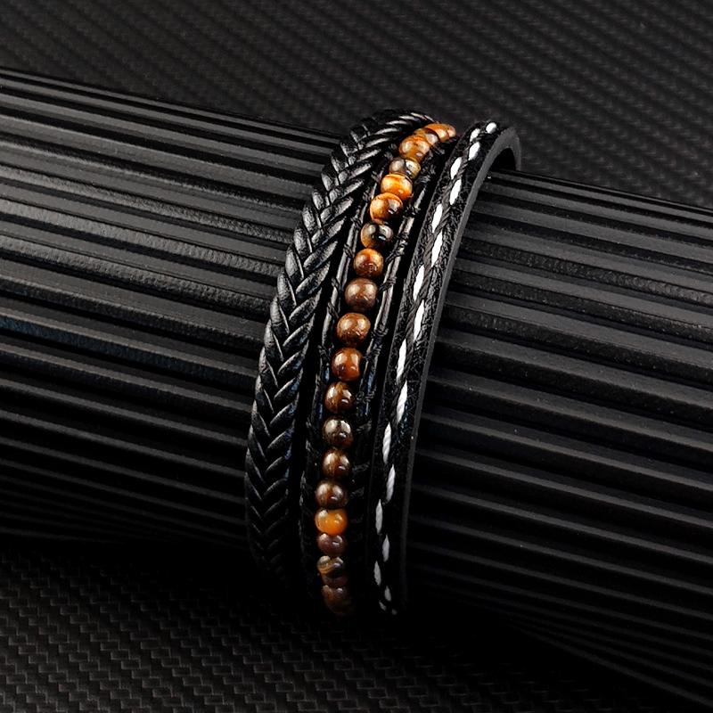 MingAo Punk Stainless Steel Beaded Custom Name Men Charm Bracelet Multi-layer Bangle Leather braid Magnet Clasp bracelet Jewelry
