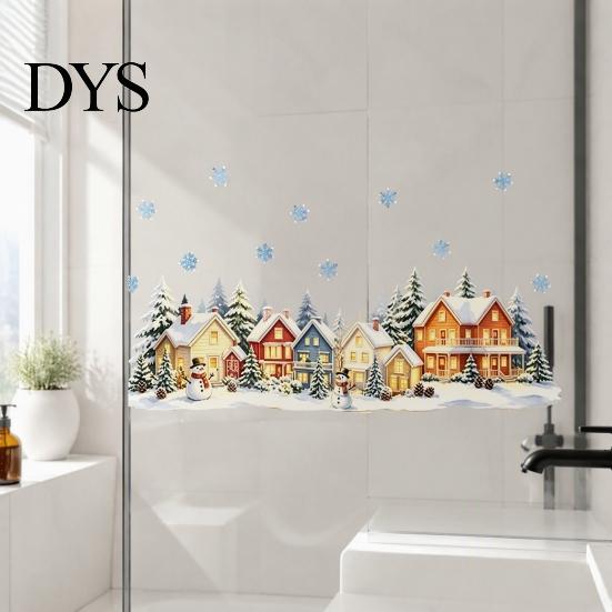 Snowflake Scene Wall Art Christmas Snow Village Static Window Cling, Glowing Warm Scenery Sticker DIY for Glass, Snowman House Winter Decor