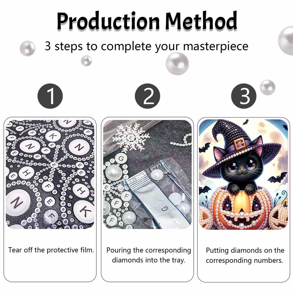 Pearl Painting DIY Kit Frameless Halloween Black Cat Pumpkin Pattern Shiny Bead Art Canvas Creative Wall Decor Holiday Gift