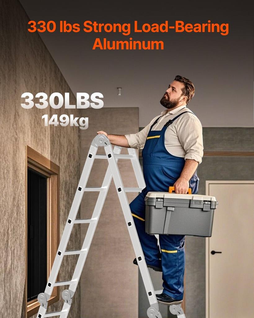 Multi-Purpose Folding Ladder 7-in-1 4 Step 15.5ft Reach Height for Work