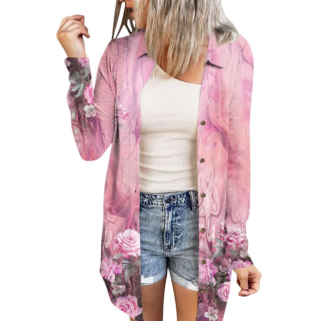 Women's Casual Fashion Floral Print Long Sleeve Mid-Length Cardigan Jacket