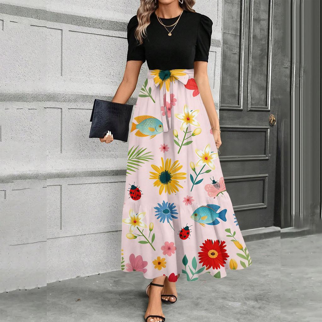 Short Sleeve Women's Dress Casual Flowy A-Line Midi Tshirt Dresses With Pockets Crewneck Vocation Boho Beach Sundress