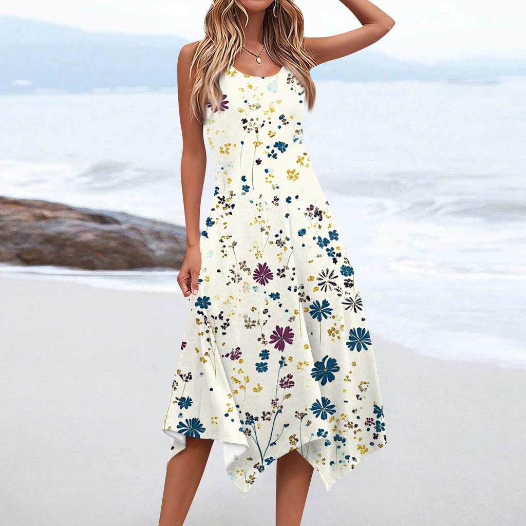 Women's Casual Fashion Round Neck Sleeveless Floral Print Irregular Hem Midi Dress