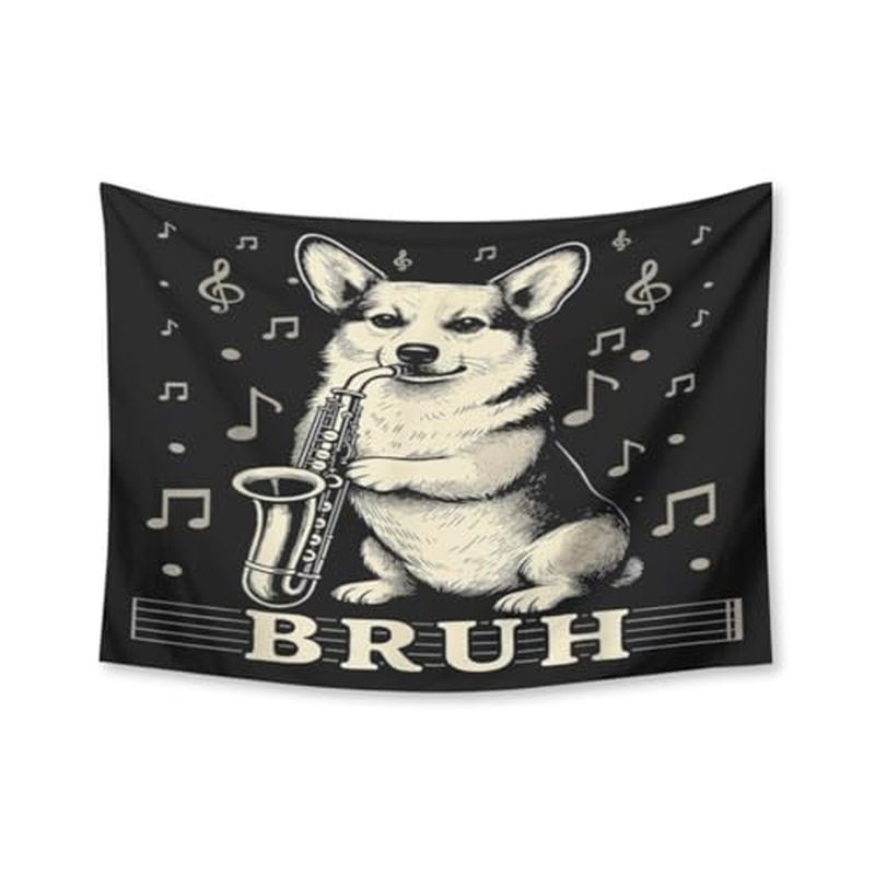 Funny Corgi Playing Saxophone Tapestry, Fashion Personality Wall Hanging, Bedroom Dormitory Aesthetic Home Decor