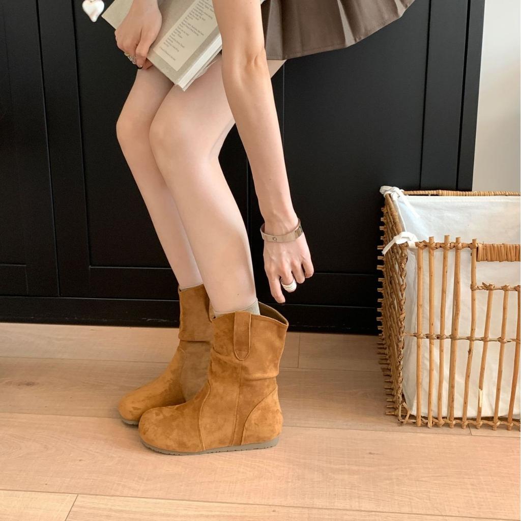 2025 New European and American Autumn and Winter Heightening Flat-bottomed Suede Low Tube Thin Martin Short Boots Fashion Women's Short Boots