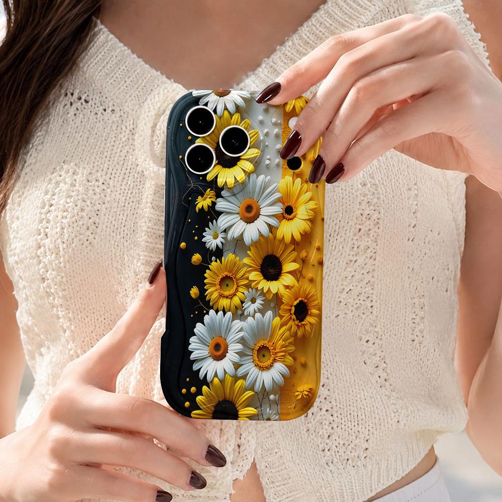 Oil Painting Daisy Sunflower Gradient Wavy Edge Phone Case For iPhone 17 16 15 14 13 12 11 8 7 Plus Pro Max Floral Cover