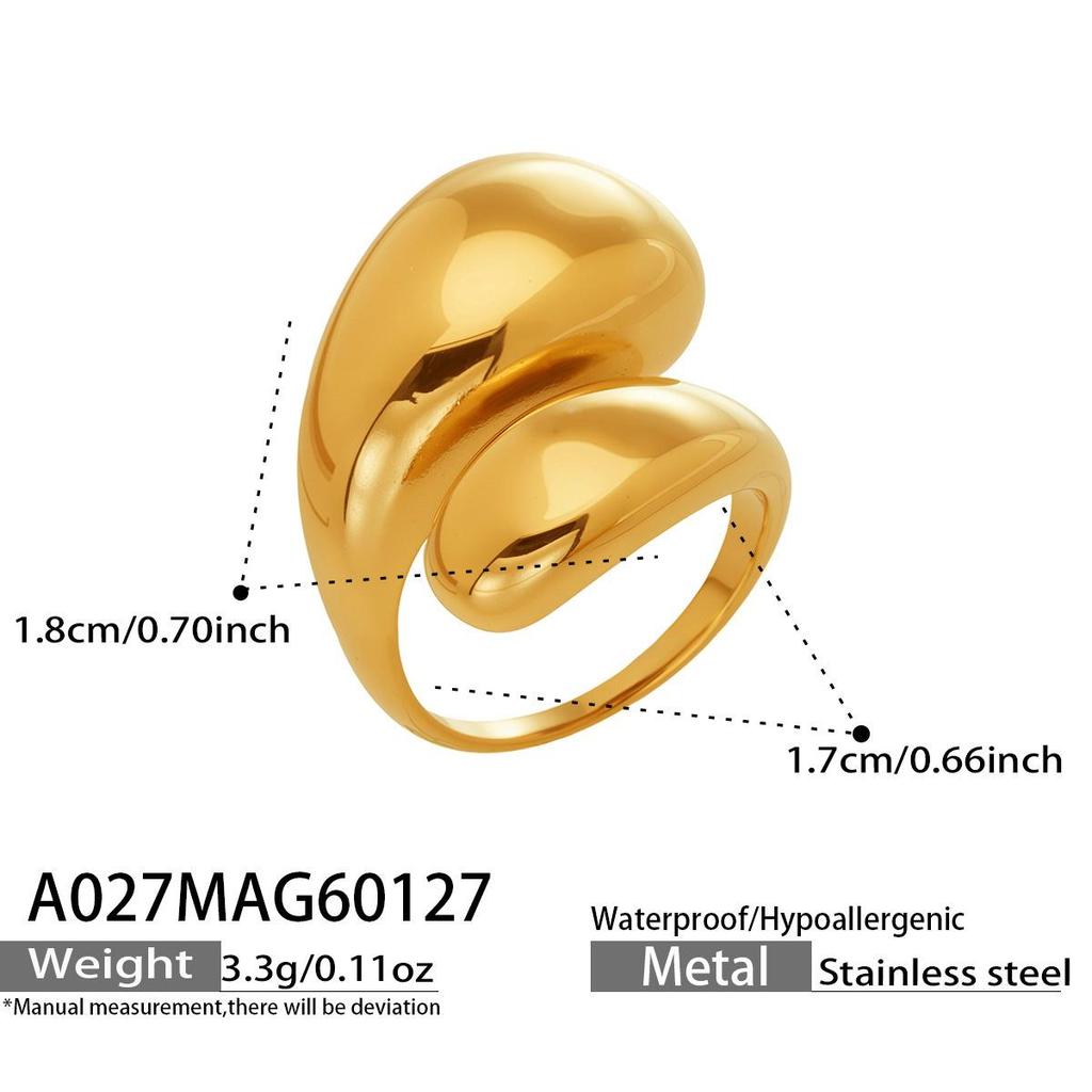 18k Gold Plated Water Drop Open Ring, Stainless Steel, Smooth Surface, Women's Fashion Design