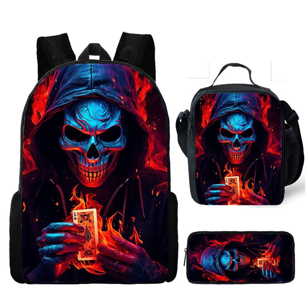 Hot Selling Skull Backpack Three Piece Set Printed Primary and Secondary School Backpack Meal Bag Pencil Case