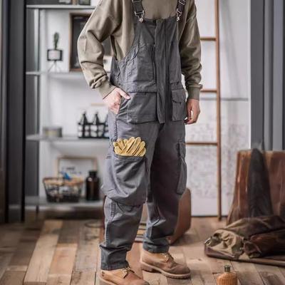 Fashion Retro Men's Suspenders American Style Green Cotton Overalls Loose Grey Brown Washing Jumpsuit All Seasons Full Length Baggy Pants Casual